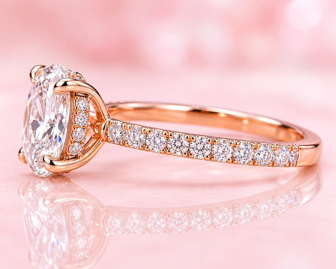 Oval Lab Grown Diamond Engagement Ring with Hidden Halo and Pave Band in Rose Gold