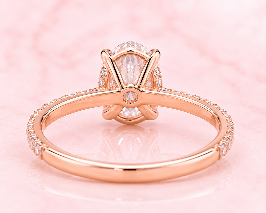 Oval Lab Grown Diamond Engagement Ring with Hidden Halo and Pave Band in Rose Gold