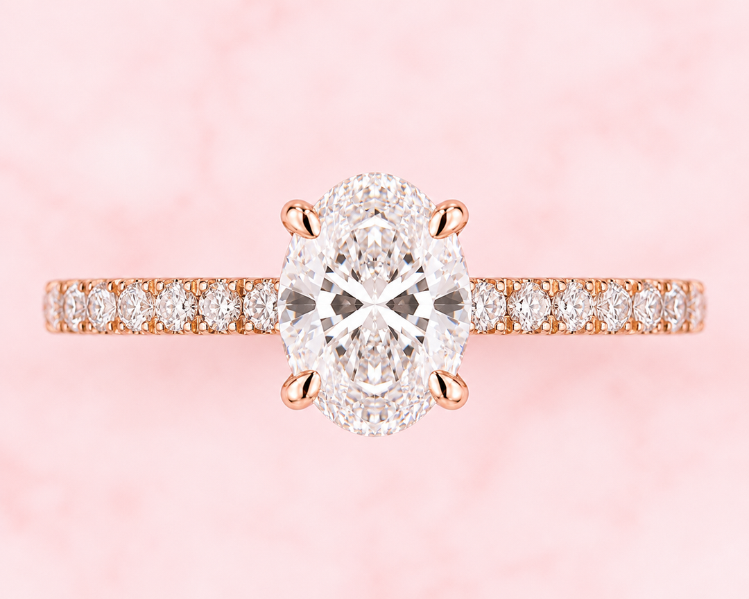 Oval Lab Grown Diamond Engagement Ring with Hidden Halo and Pave Band in Rose Gold