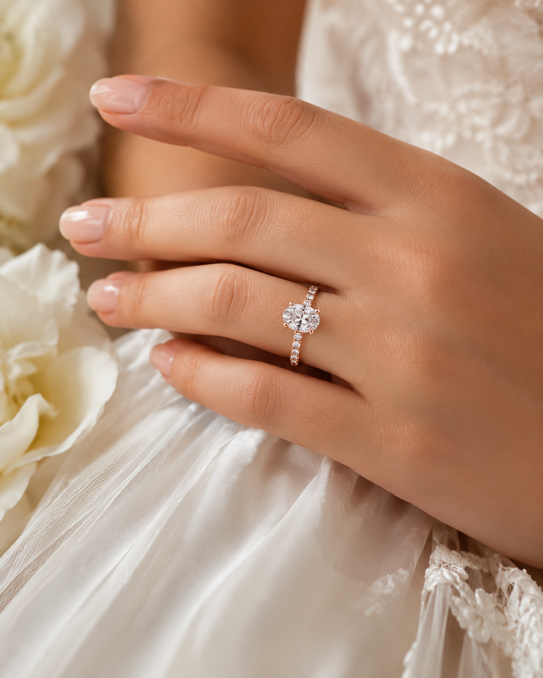 Oval Lab Grown Diamond Engagement Ring with Hidden Halo and Pave Band in Rose Gold