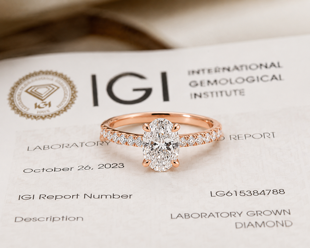 Oval Lab Grown Diamond Engagement Ring with Hidden Halo and Pave Band in Rose Gold