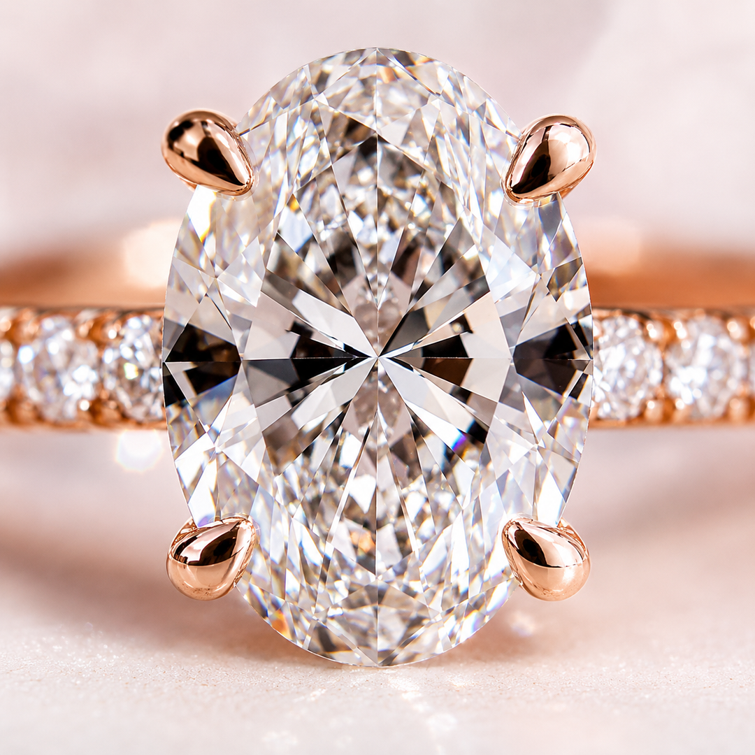 Oval Lab Grown Diamond Engagement Ring with Hidden Halo and Pave Band in Rose Gold