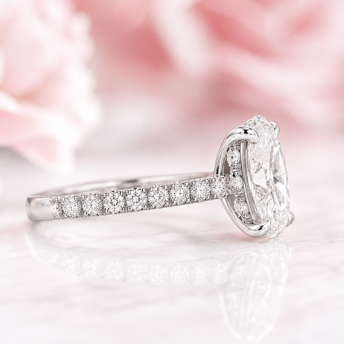 Oval lab grown diamond engagement ring with hidden halo and pave band in 925 sterling silver