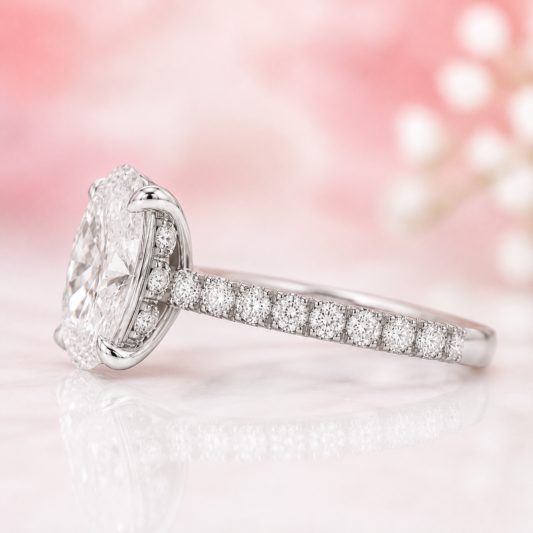 Oval Lab Grown Diamond Engagement Ring with Hidden Halo and Pave Band in 925 Sterling Silver