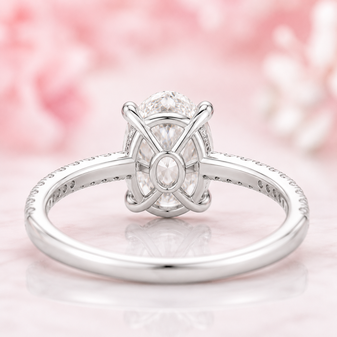 Oval Lab Grown Diamond Engagement Ring with Hidden Halo and Pave Band in 925 Sterling Silver
