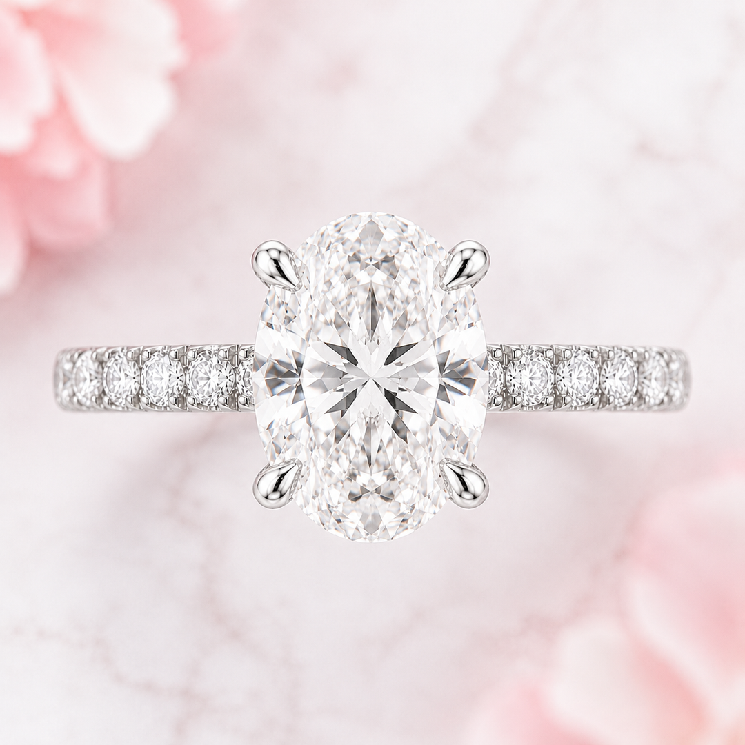 Oval Lab Grown Diamond Engagement Ring with Hidden Halo and Pave Band in 925 Sterling Silver
