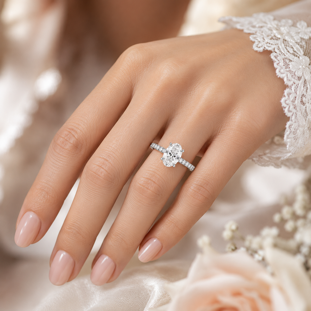 Oval Lab Grown Diamond Engagement Ring with Hidden Halo and Pave Band in 925 Sterling Silver