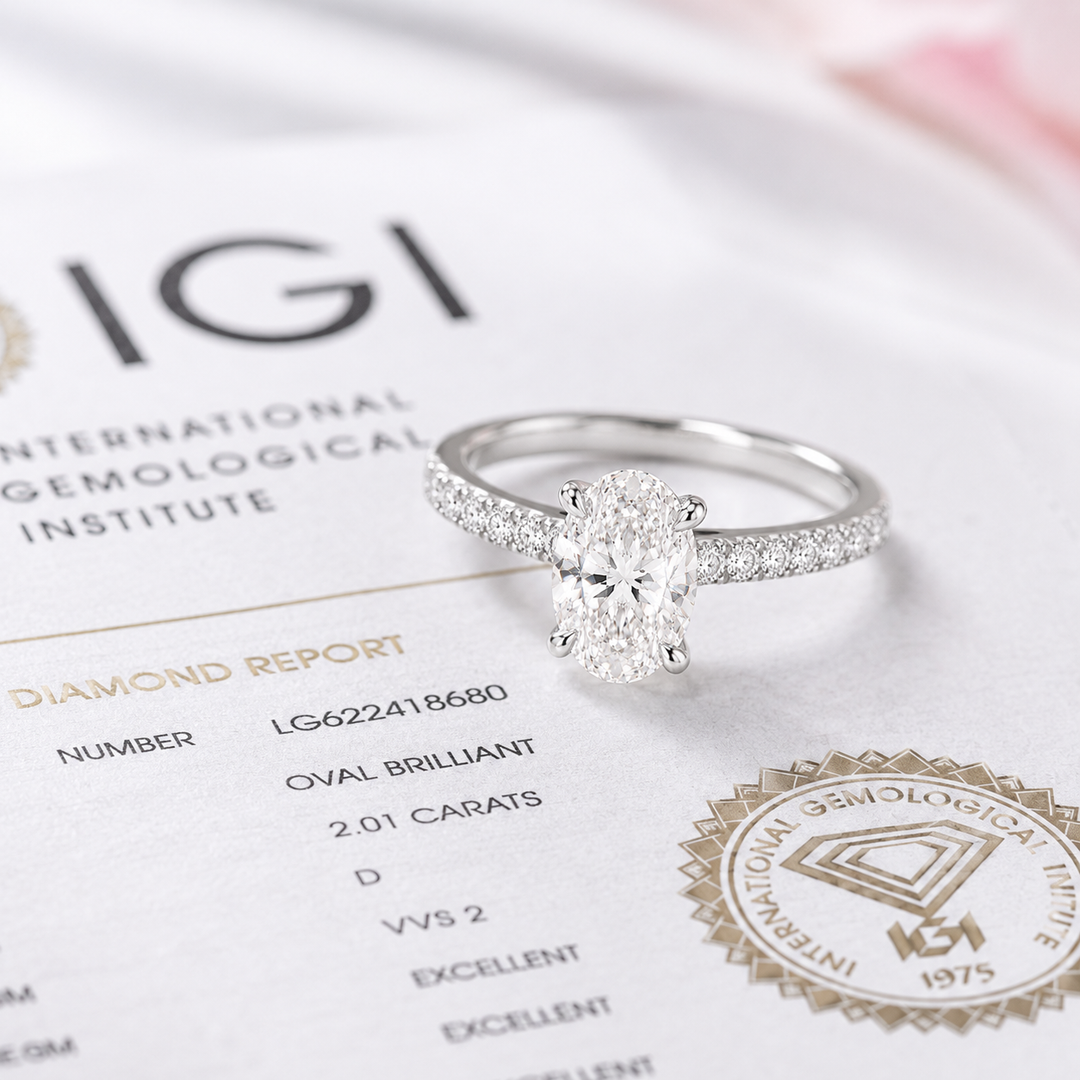 Oval Lab Grown Diamond Engagement Ring with Hidden Halo and Pave Band in 925 Sterling Silver