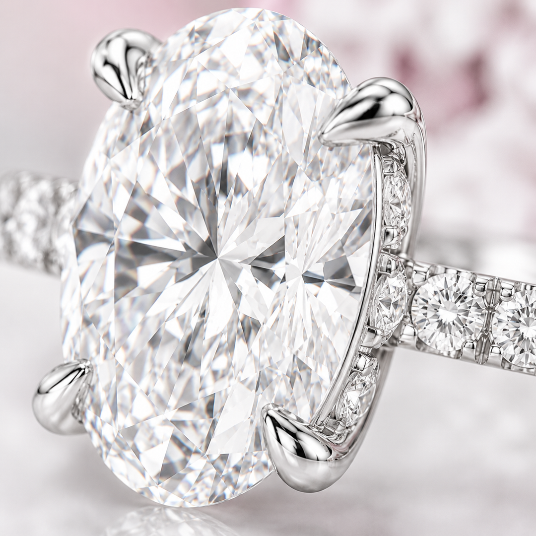 Oval Lab Grown Diamond Engagement Ring with Hidden Halo and Pave Band in White Gold