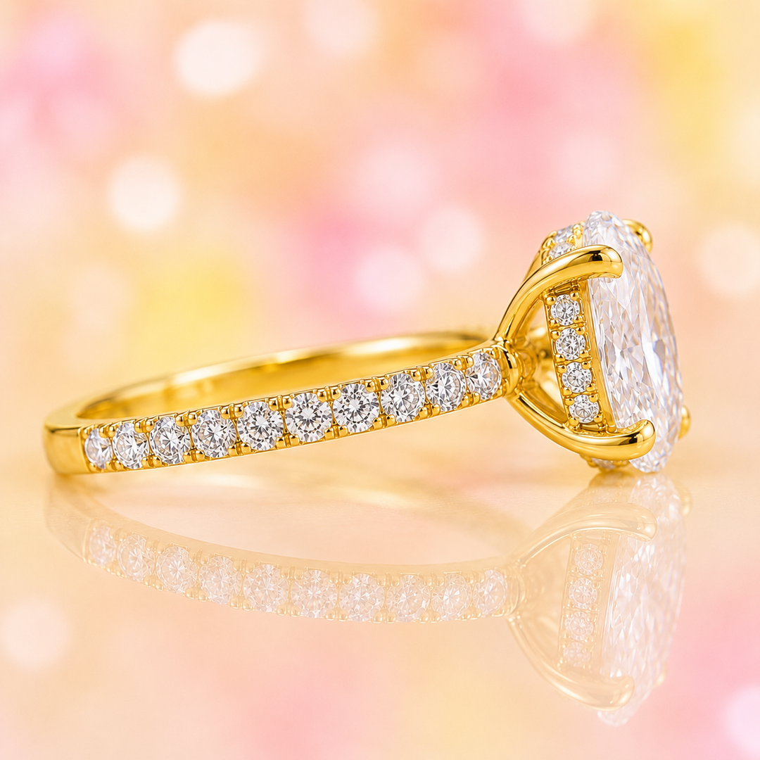 Oval Lab Grown Diamond Engagement Ring with Hidden Halo and Pave Band in Yellow Gold
