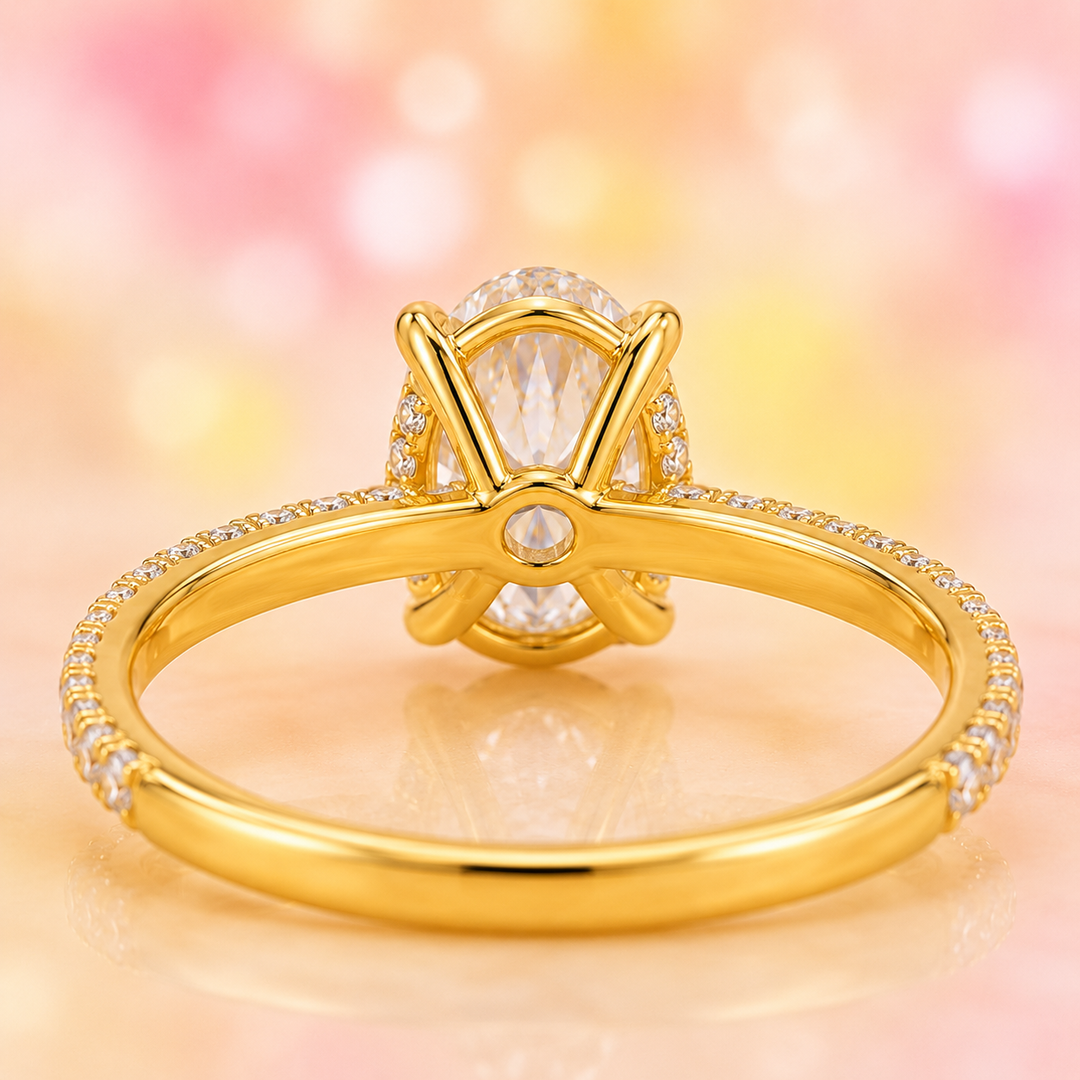 Oval Lab Grown Diamond Engagement Ring with Hidden Halo and Pave Band in Yellow Gold