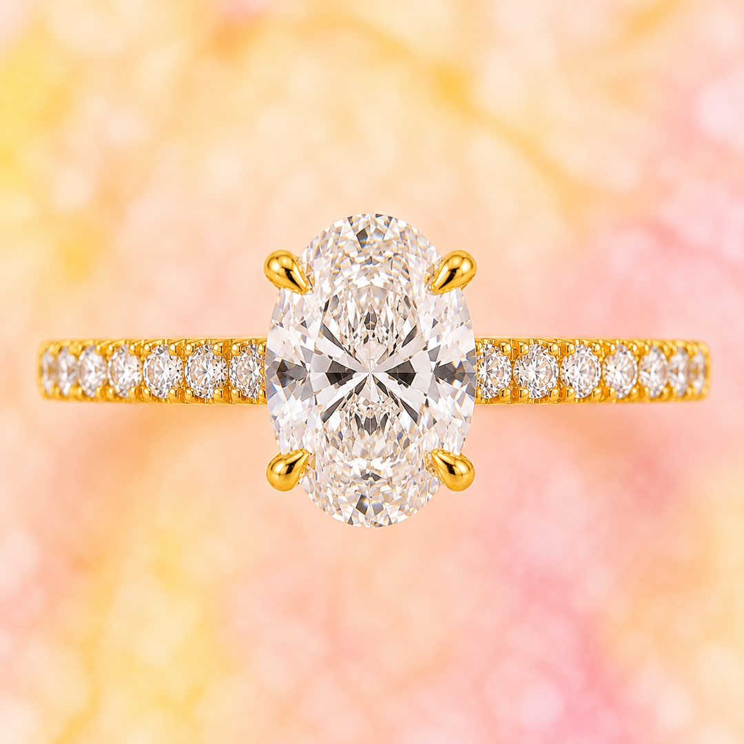 Oval Lab Grown Diamond Engagement Ring with Hidden Halo and Pave Band in Yellow Gold