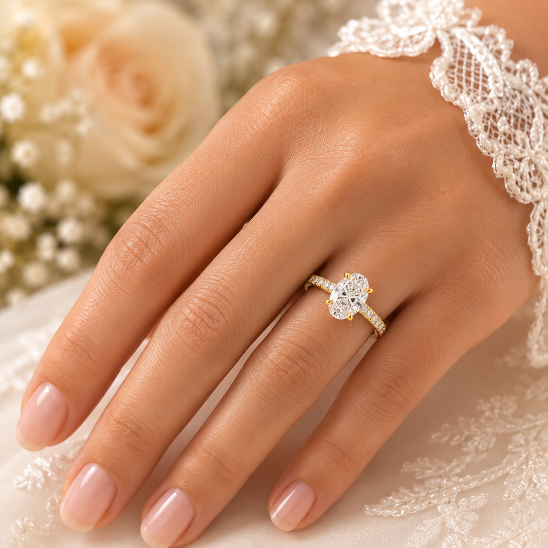 Oval Lab Grown Diamond Engagement Ring with Hidden Halo and Pave Band in Yellow Gold
