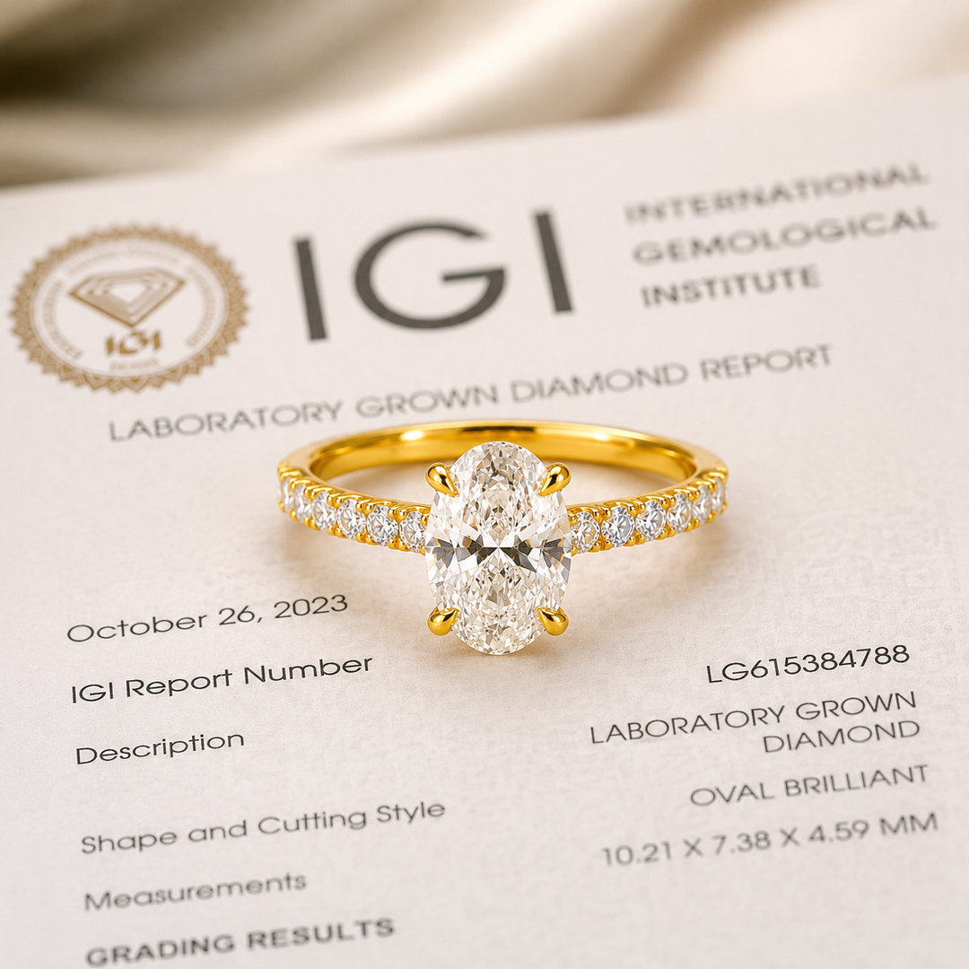 Oval Lab Grown Diamond Engagement Ring with Hidden Halo and Pave Band in Yellow Gold