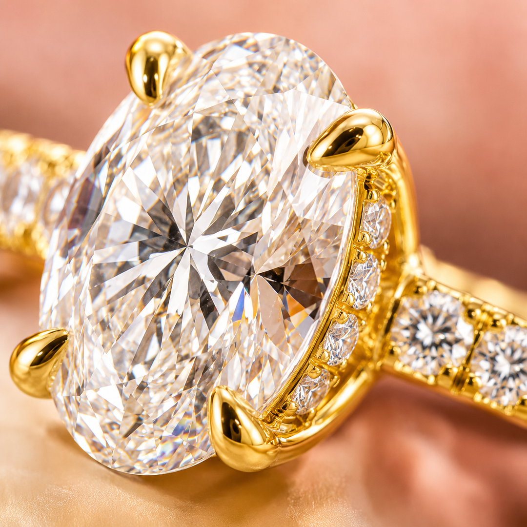 Oval Lab Grown Diamond Engagement Ring with Hidden Halo and Pave Band in Yellow Gold