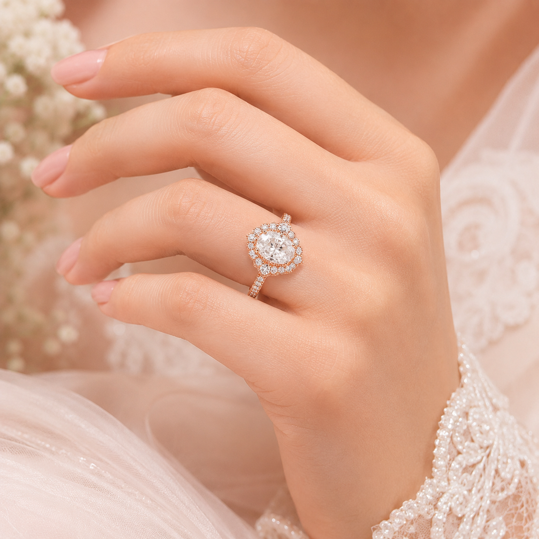 Oval Halo Engagement Ring for a Lasting Impression in Rose Gold