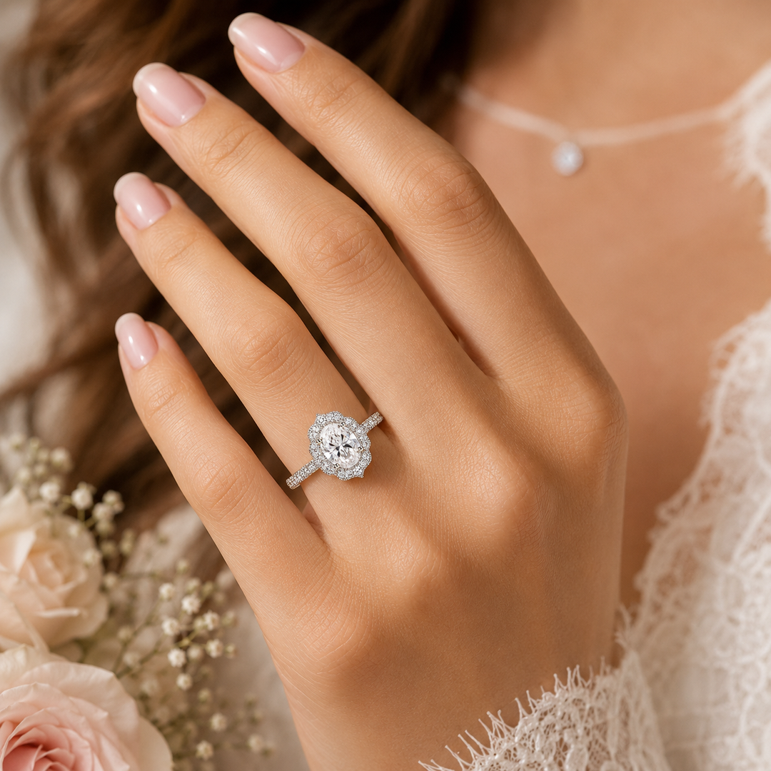 Oval Halo Engagement Ring for a Lasting Impression in 925 Sterling Silver