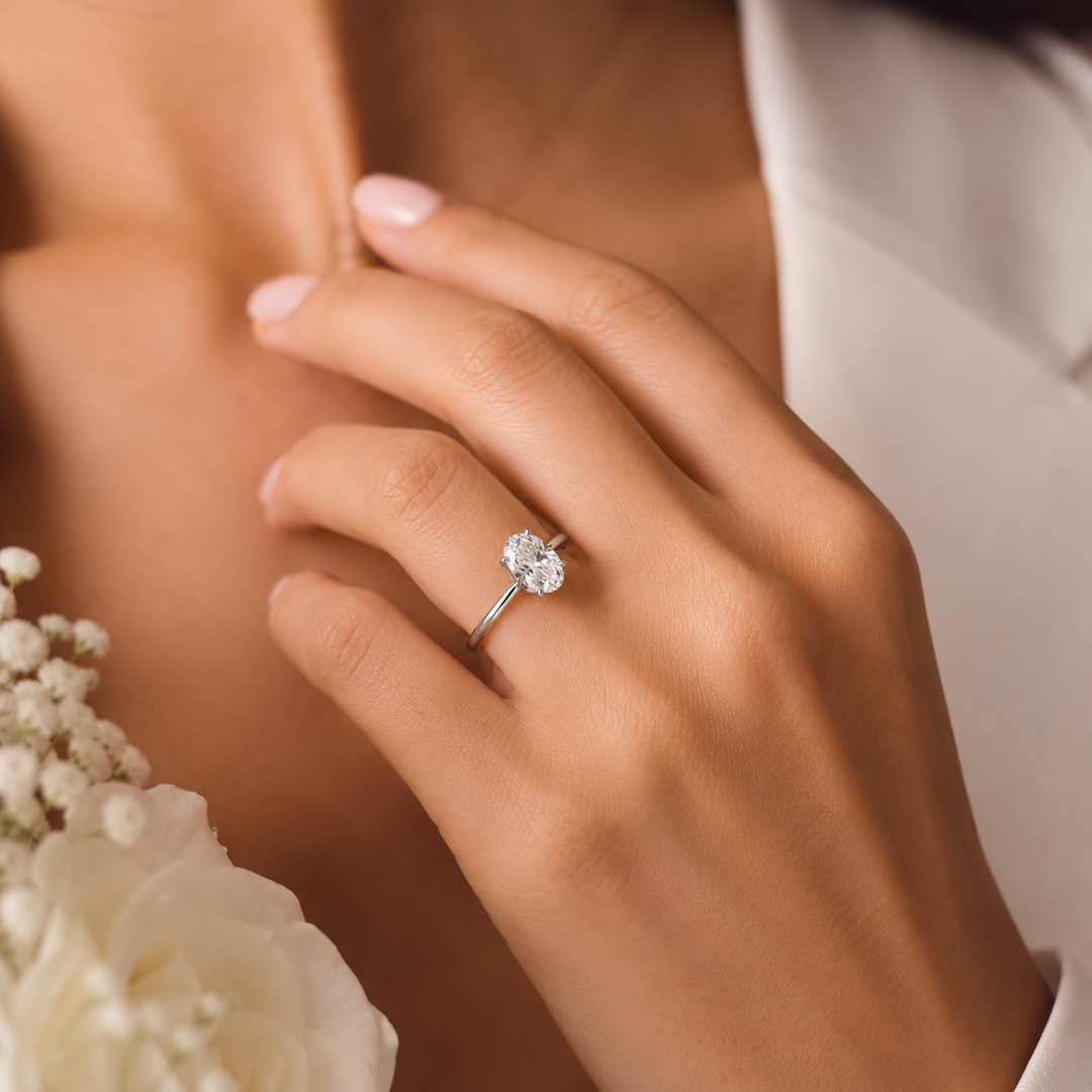 Oval Solitaire Engagement Ring with Tapered Shank in 925 Sterling Silver