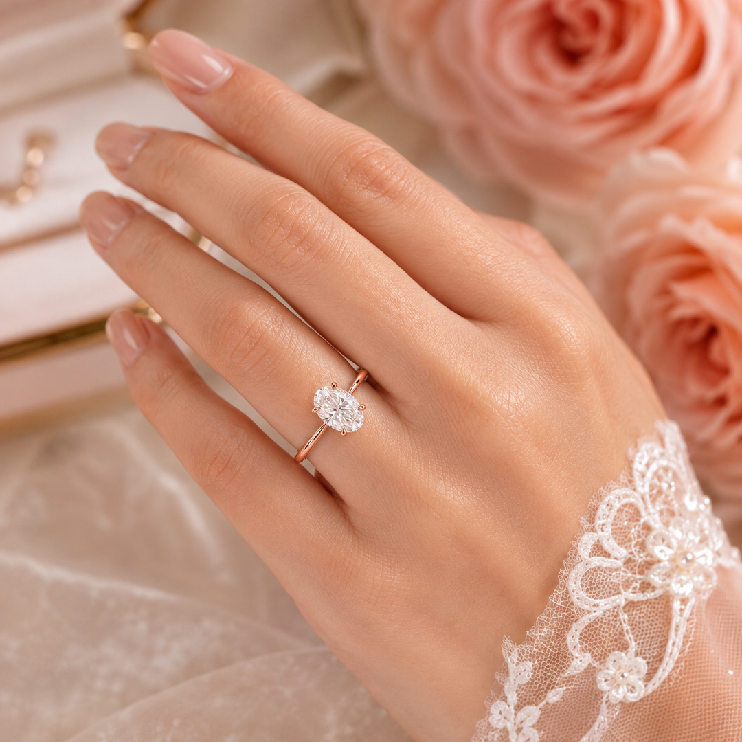 Oval Solitaire Engagement Ring with Tapered Shank in Rose Gold