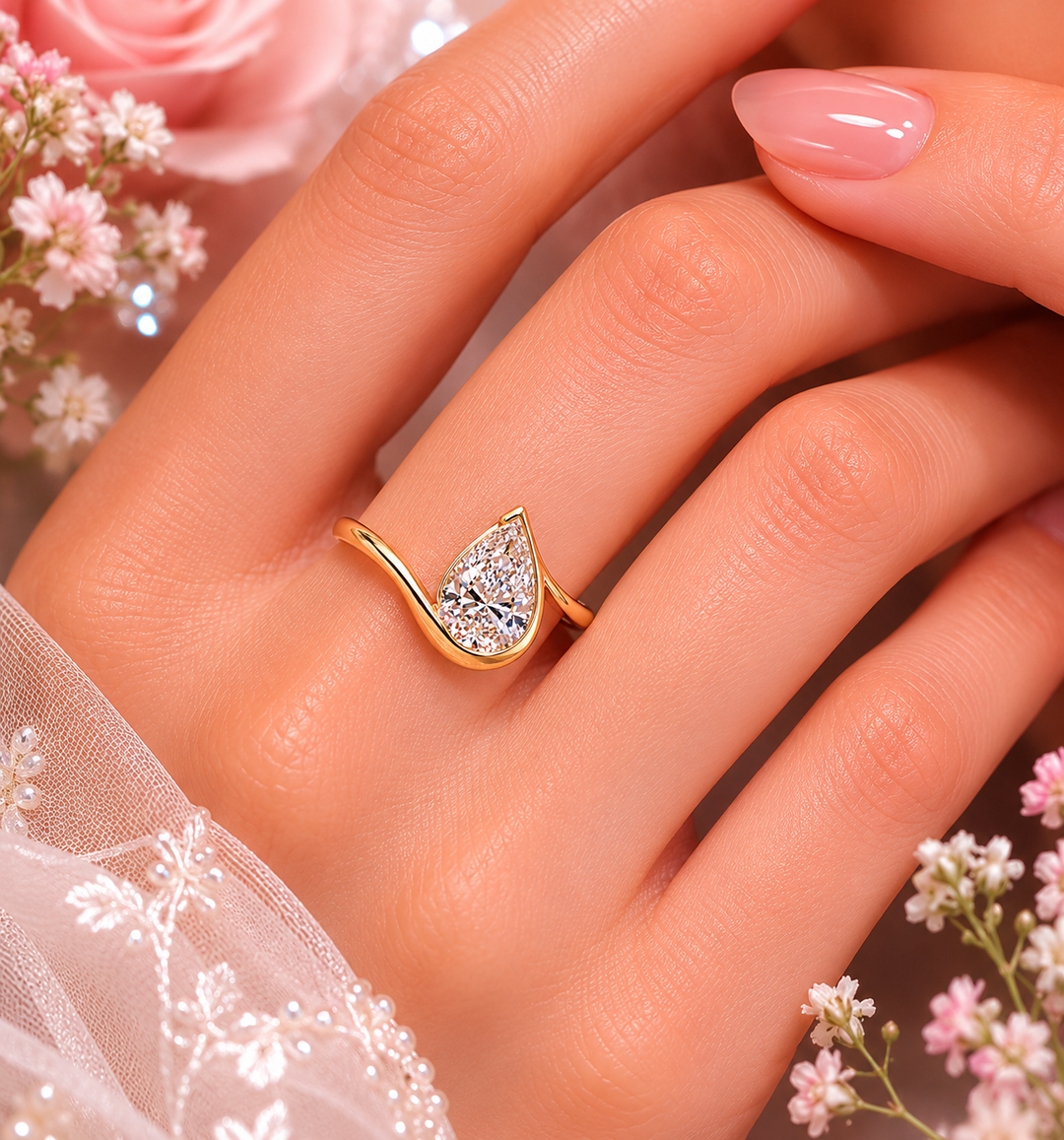 Pear Shaped Engagement Ring with Timeless and Unique Design in Yellow Gold