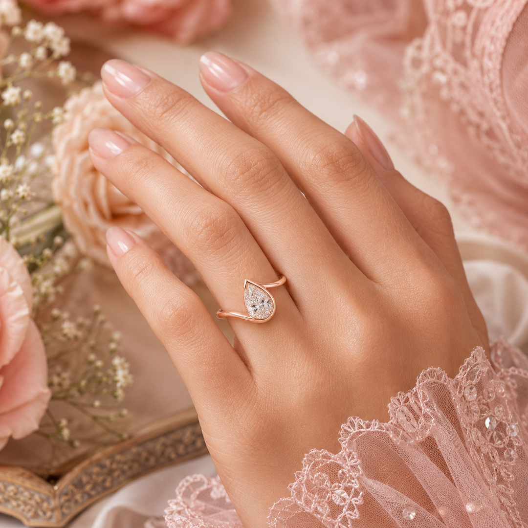Pear Shaped Engagement Ring with Timeless and Unique Design in Rose Gold