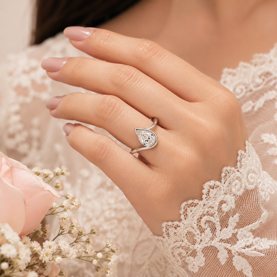 Pear Shaped Engagement Ring with Timeless and Unique Design in 925 Sterling Silver