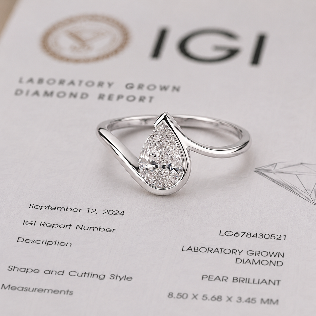 Pear Shaped Engagement Ring with Timeless and Unique Design in White Gold