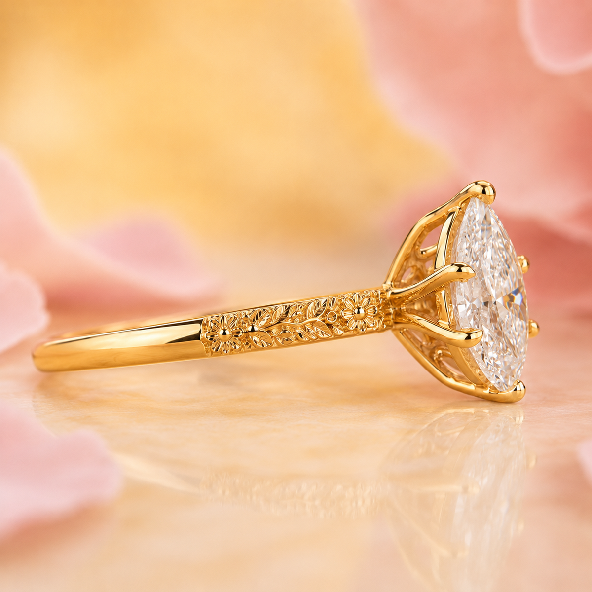 Pear shaped lab grown diamond engagement ring for women in yellow gold