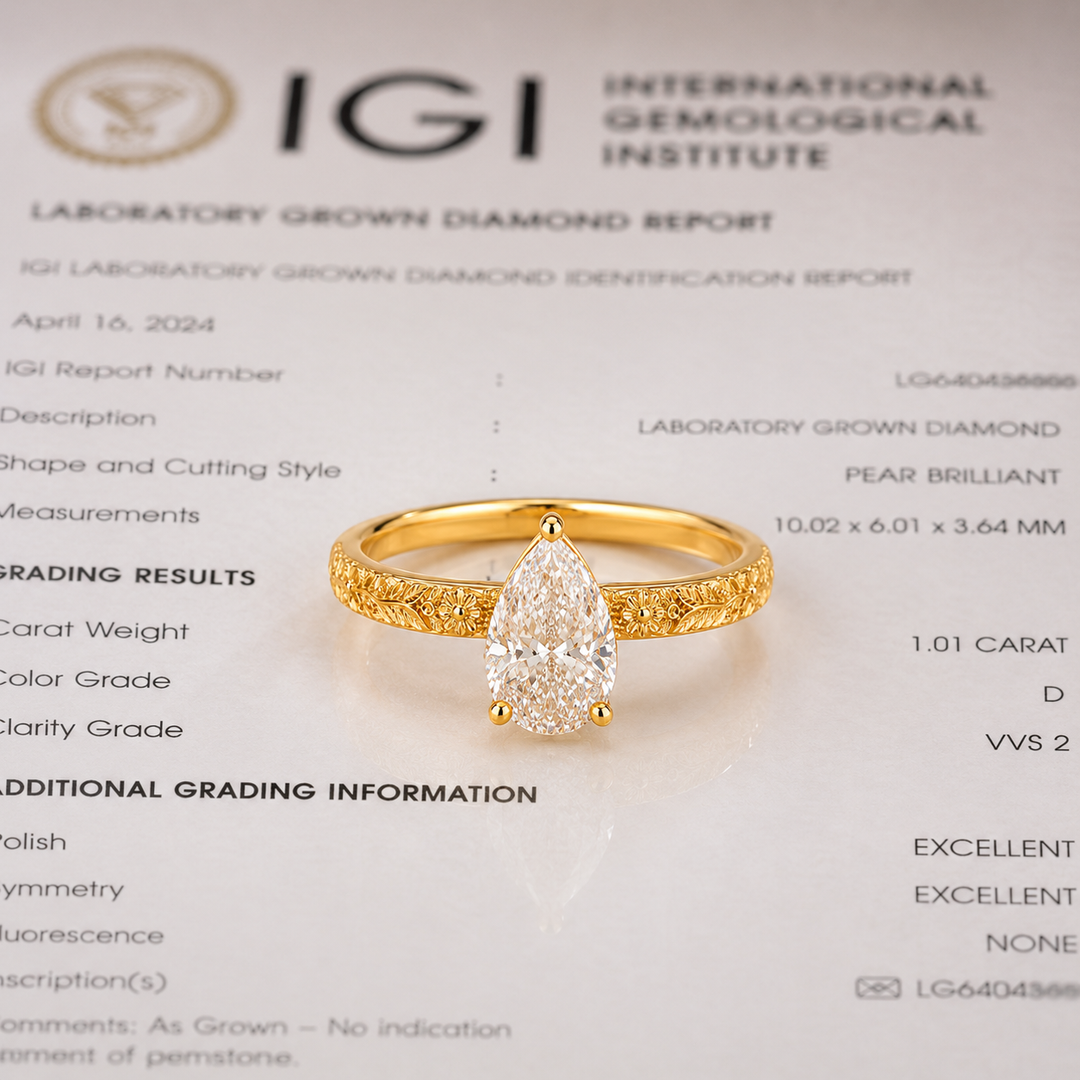 Pear Shaped Lab Grown Diamond Engagement Ring for Women in Yellow Gold