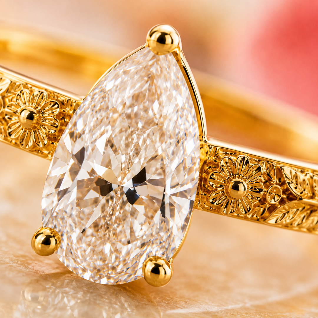 Pear Shaped Lab Grown Diamond Engagement Ring for Women in Yellow Gold