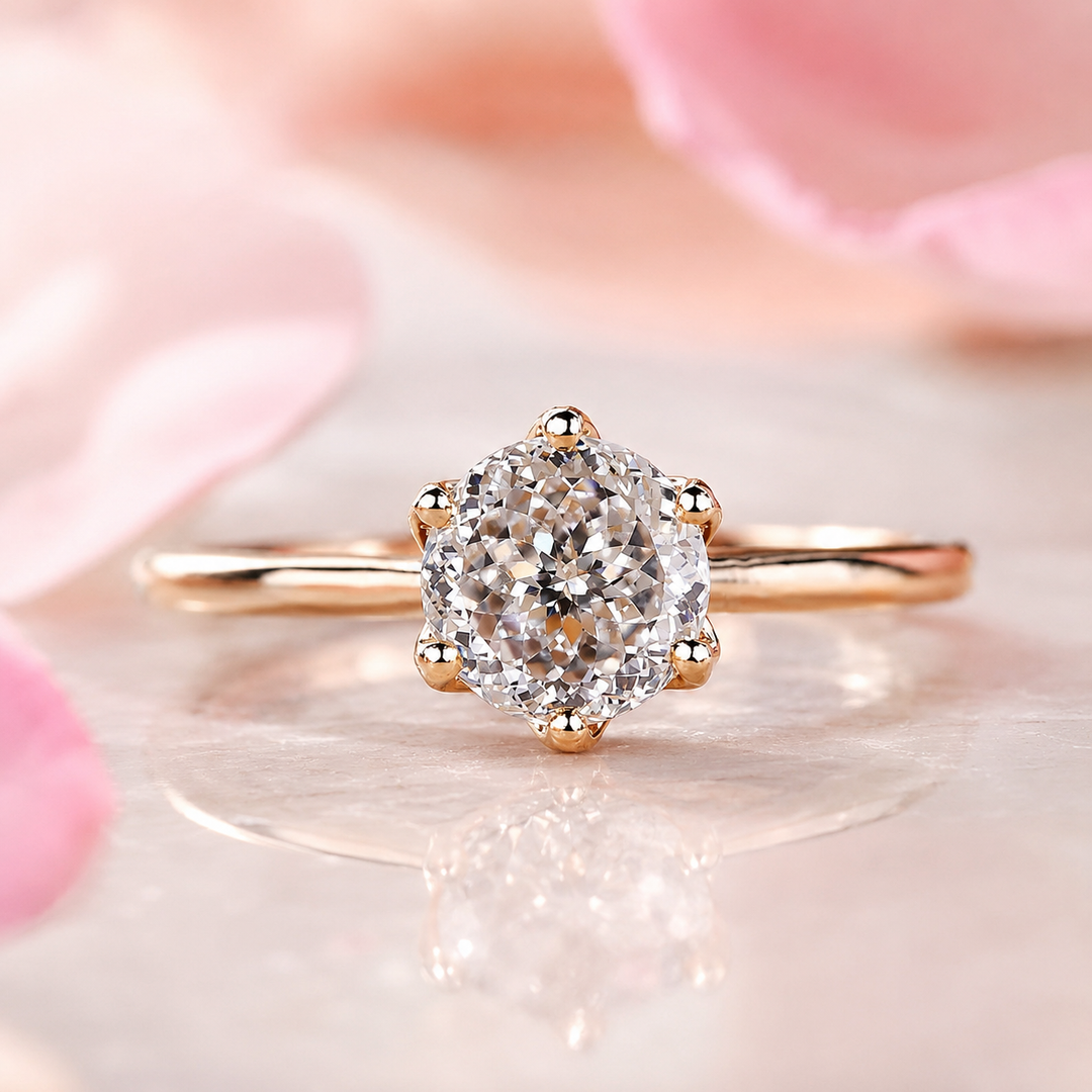 Portuguese Cut Diamond Ring in Cathedral Setting in Yellow Gold