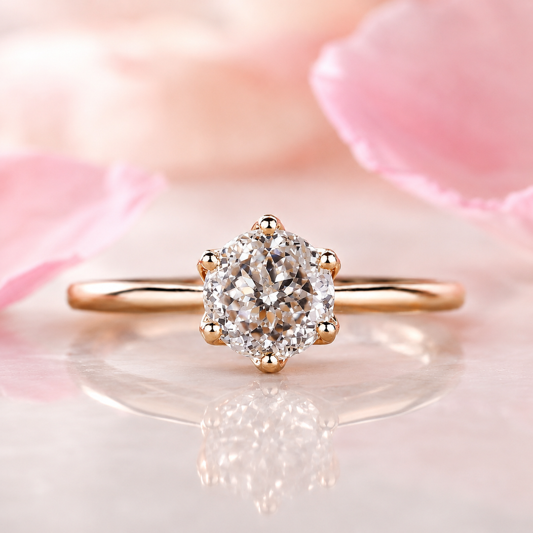 Portuguese Cut Diamond Ring in Cathedral Setting in Yellow Gold