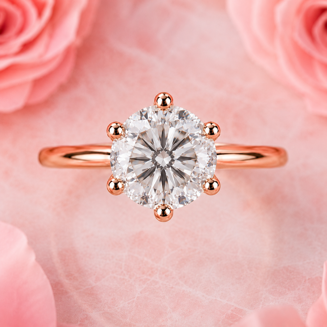 Portuguese Cut Diamond Ring in Cathedral Setting in Rose Gold