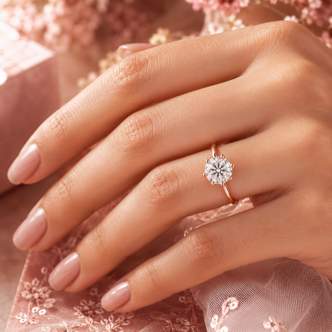 Portuguese Cut Diamond Ring in Cathedral Setting in Rose Gold