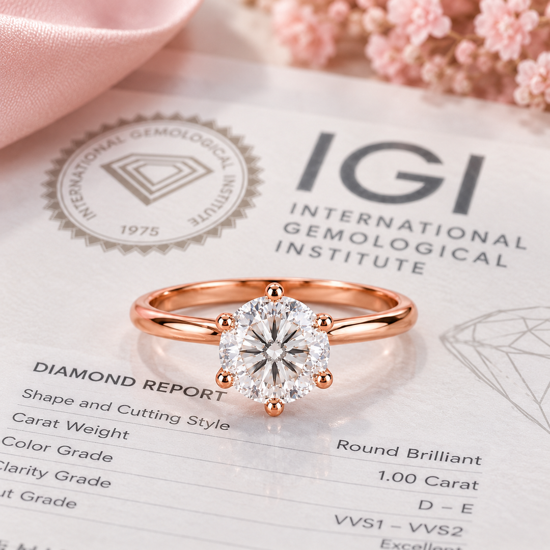 Portuguese Cut Diamond Ring in Cathedral Setting in Rose Gold