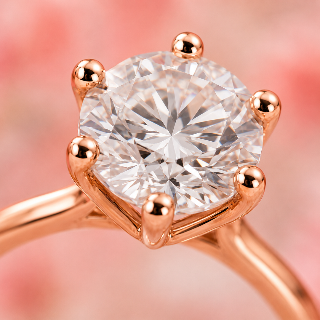 Portuguese Cut Diamond Ring in Cathedral Setting in Rose Gold