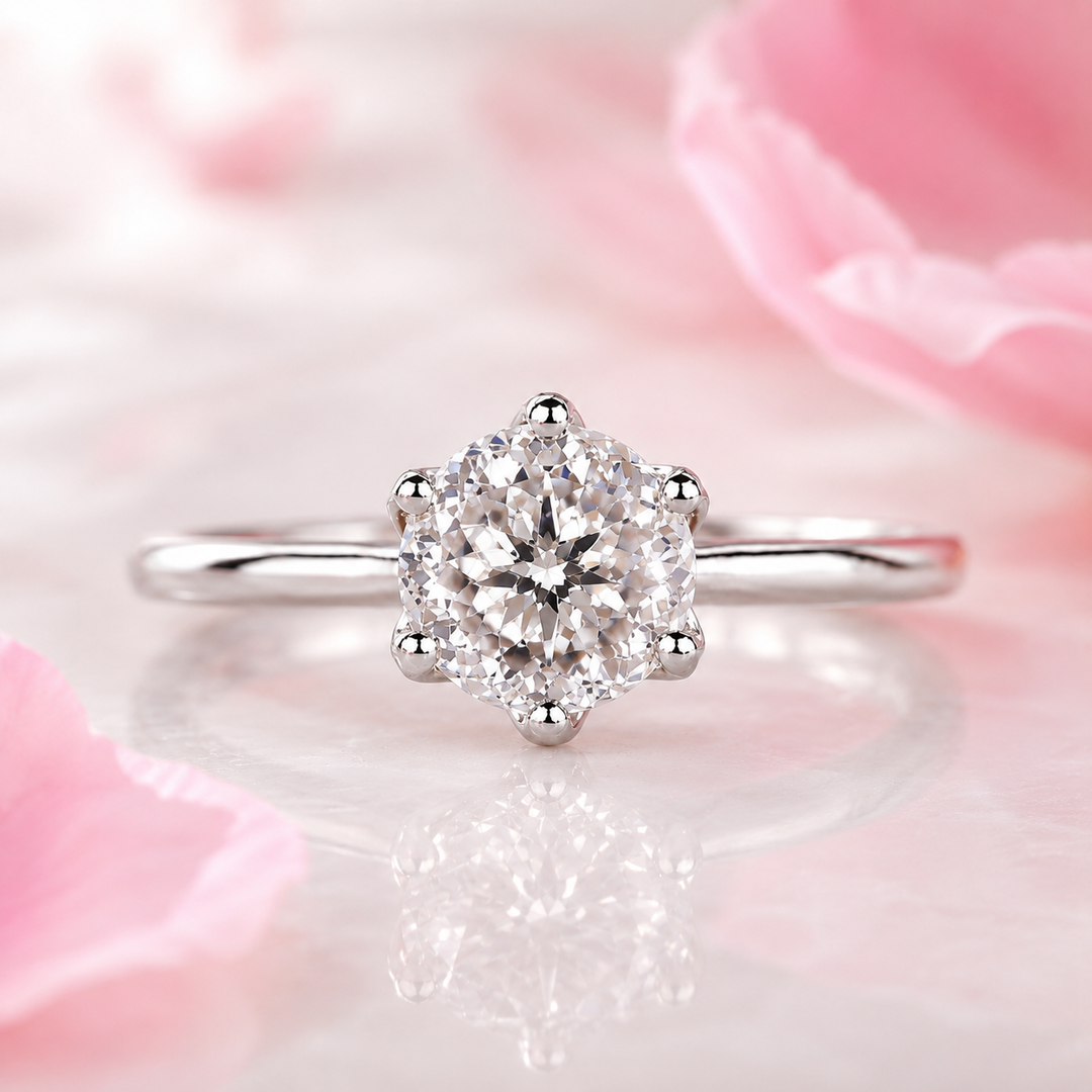 Portuguese Cut Diamond Ring in Cathedral Setting in White Gold