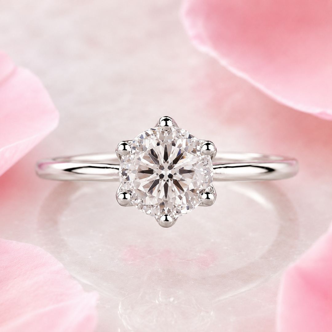 Portuguese Cut Diamond Ring in Cathedral Setting in White Gold