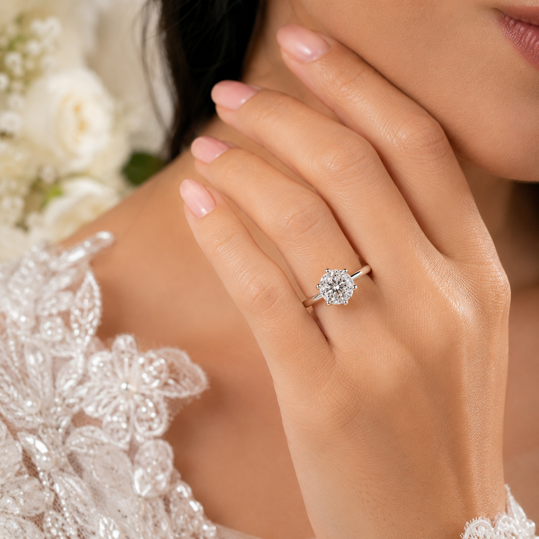 Portuguese Cut Diamond Ring in Cathedral Setting in 925 Sterling Silver