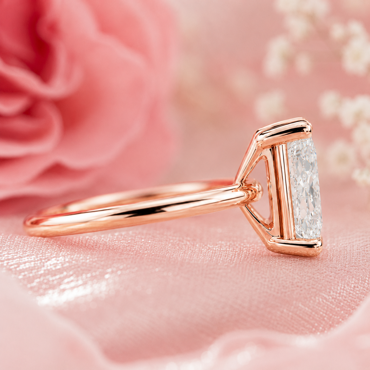 Radiant cut lab grown diamond solitaire engagement ring in rose gold