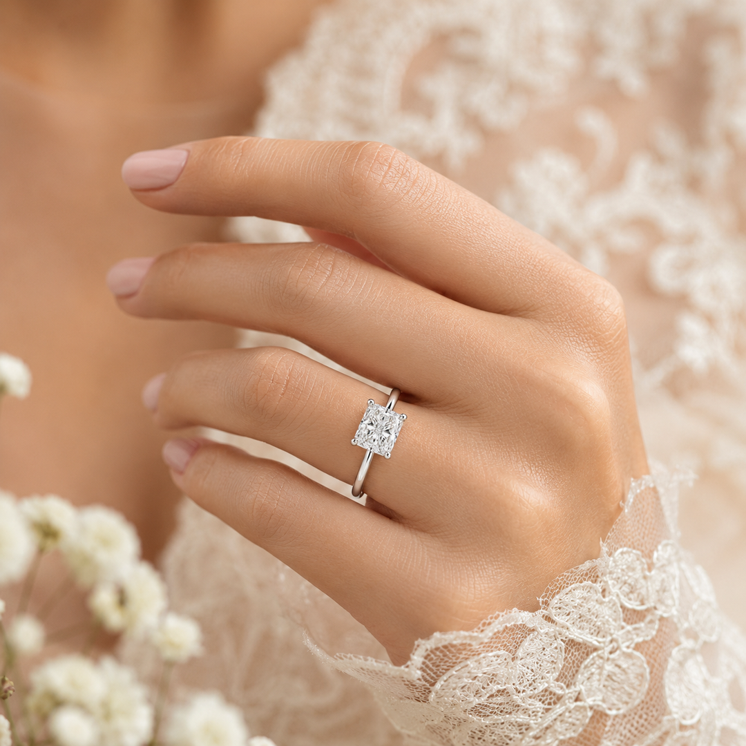 Radiant Cut Lab Grown Diamond Solitaire Engagement Ring in White Gold