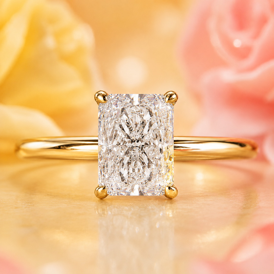 Radiant Cut Lab Grown Diamond Solitaire Engagement Ring in Yellow Gold