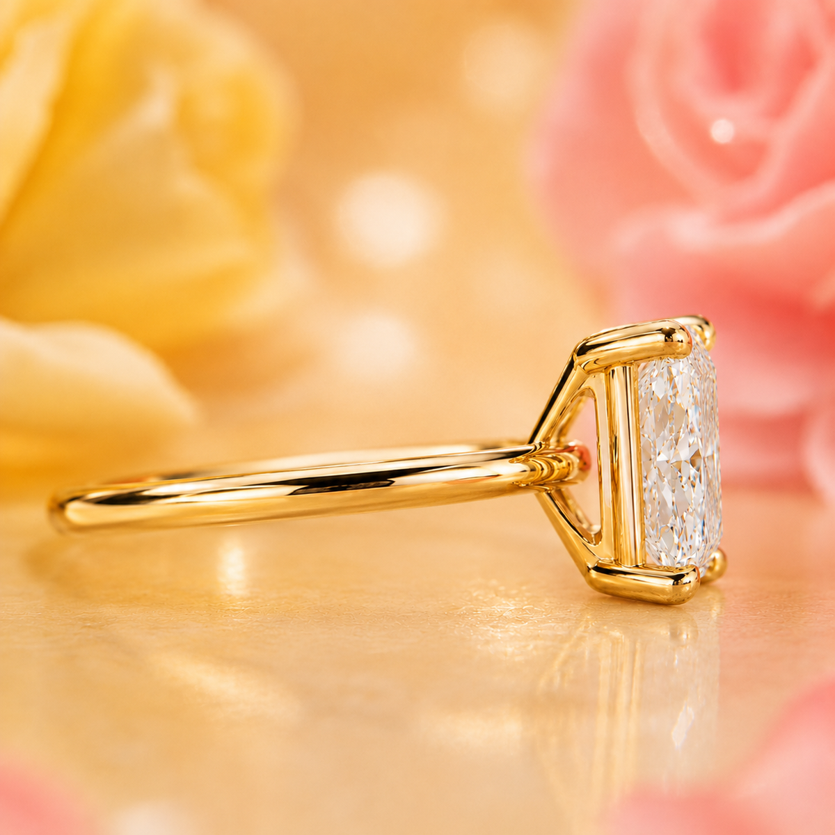 Radiant cut lab grown diamond solitaire engagement ring in yellow gold