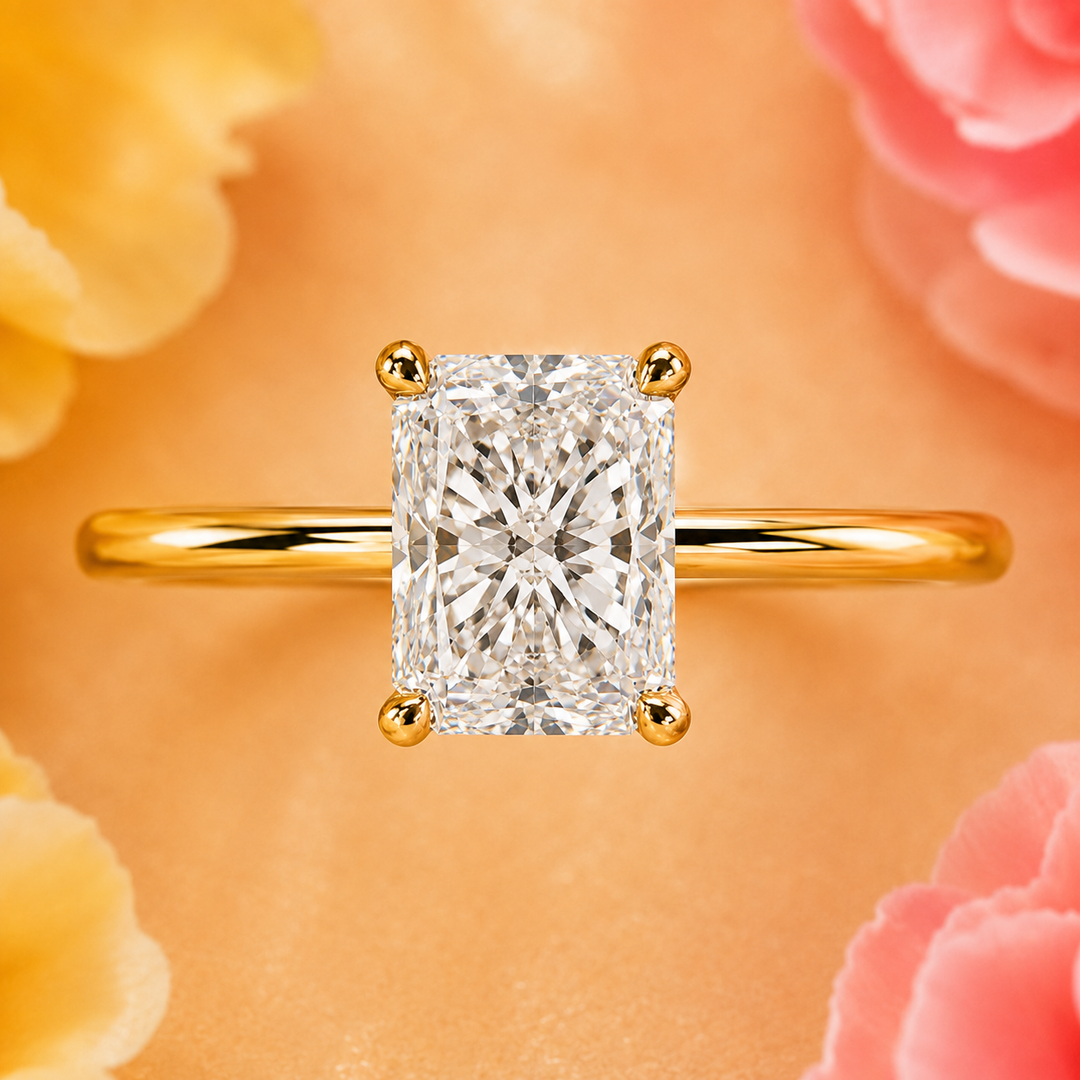 Radiant Cut Lab Grown Diamond Solitaire Engagement Ring in Yellow Gold