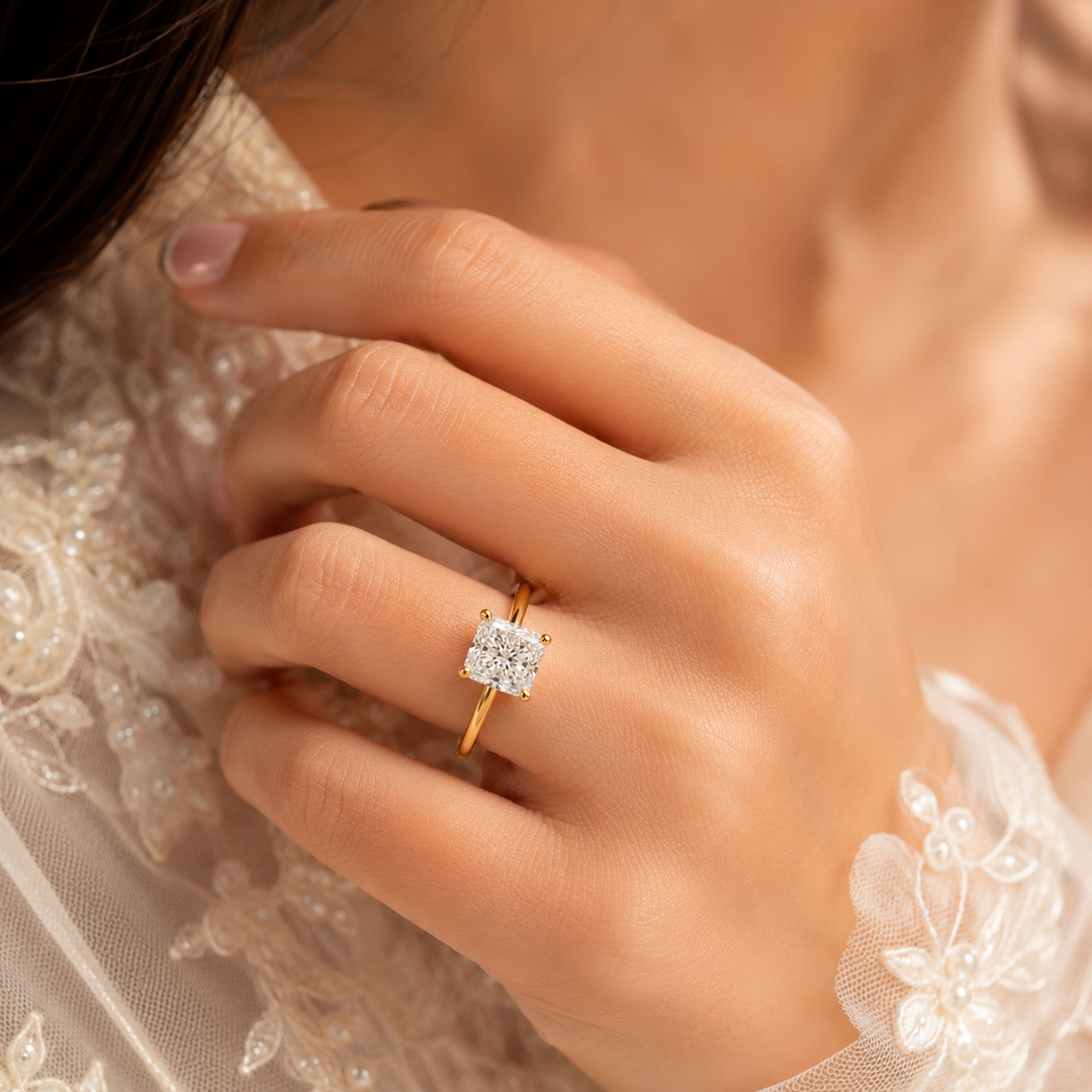 Radiant Cut Lab Grown Diamond Solitaire Engagement Ring in Yellow Gold