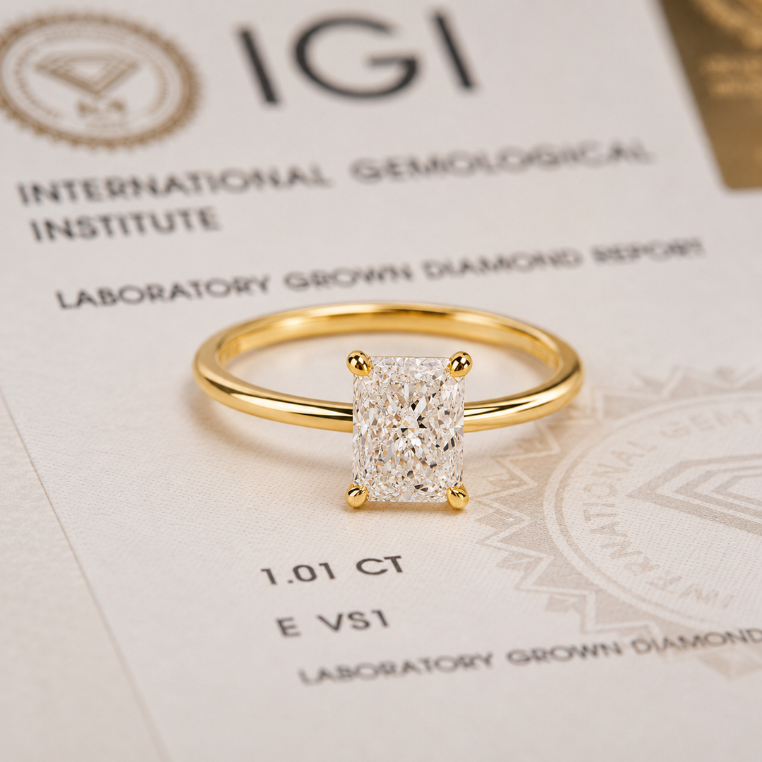 Radiant Cut Lab Grown Diamond Solitaire Engagement Ring in Yellow Gold