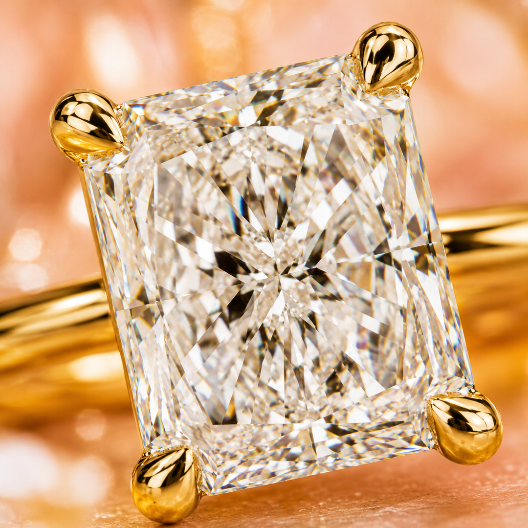 Radiant Cut Lab Grown Diamond Solitaire Engagement Ring in Yellow Gold