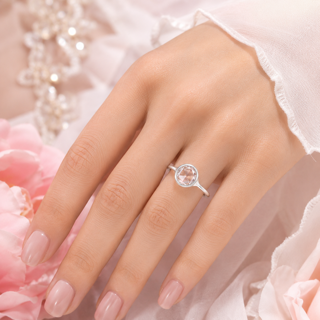 Rose Cut Engagement Ring in Bezel Setting in White Gold