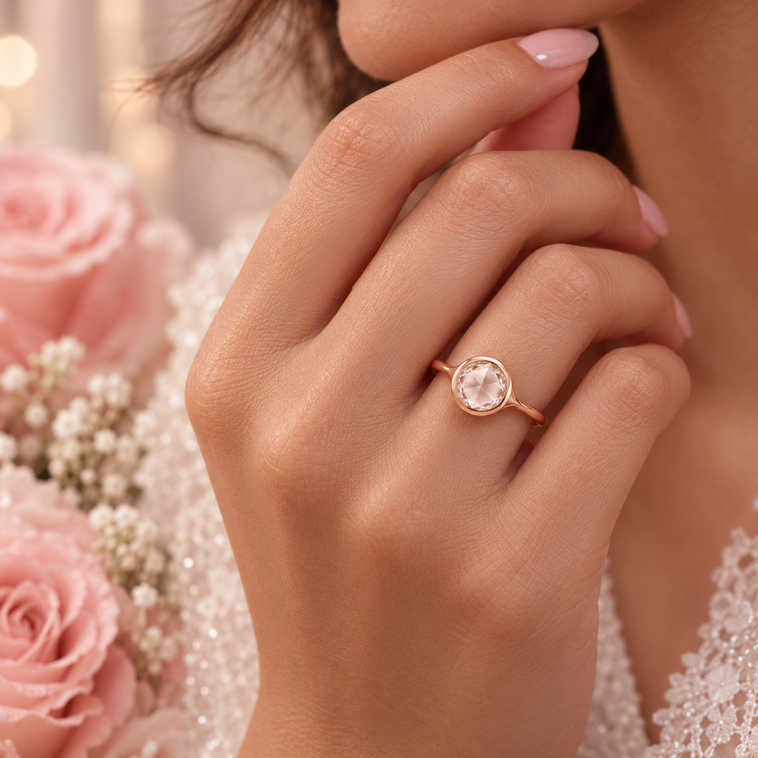 Rose Cut Engagement Ring in Bezel Setting in Rose Gold