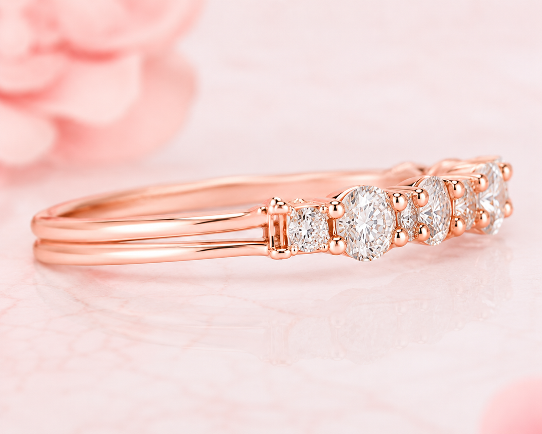Round Brilliant Cut Diamond Floating Bubble Wedding Band in Rose Gold